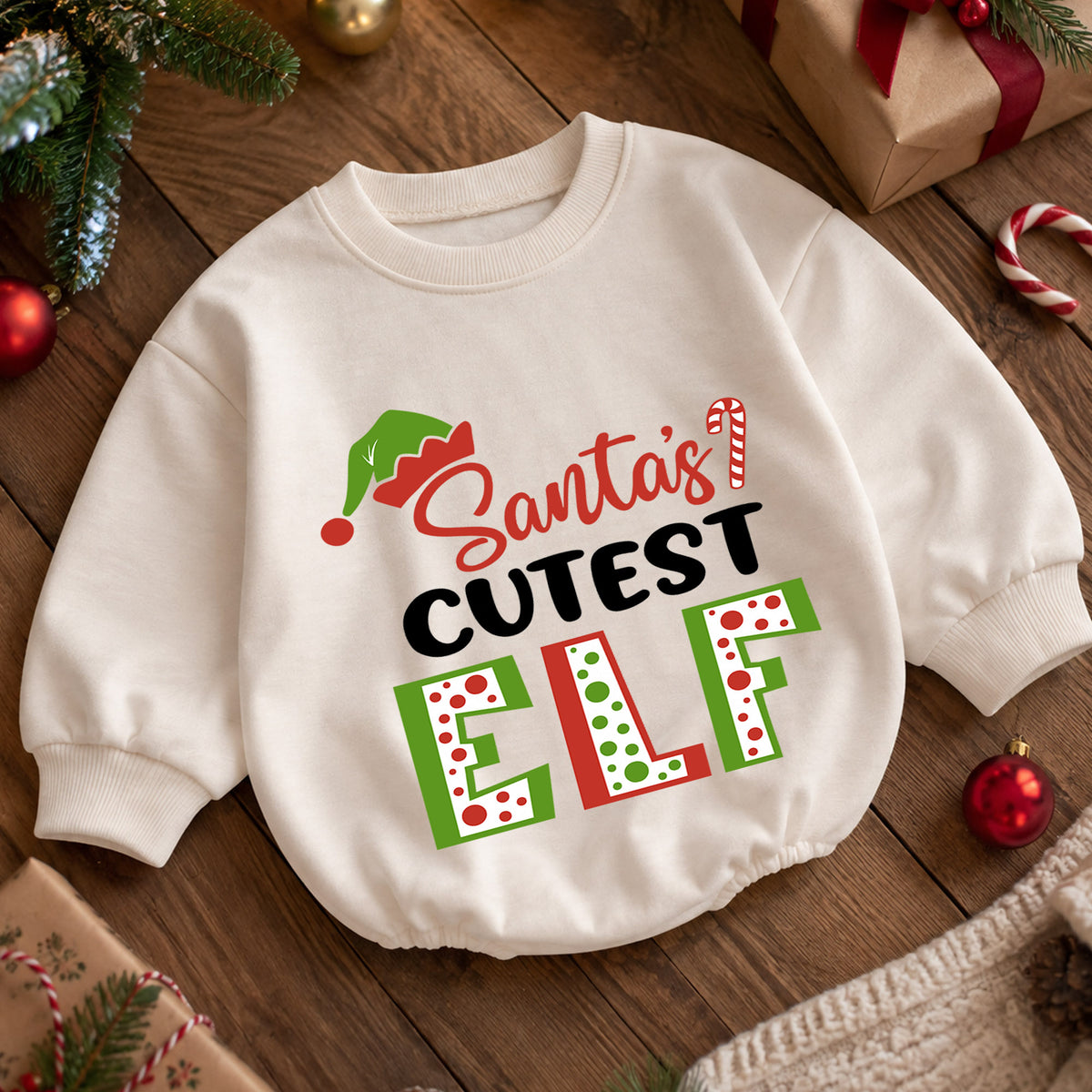 Santa's Cutest Elf Baby Romper, Elf Christmas Romper, Toddler 1st Birthday Holiday Outfit, Santa Helper Xmas Gift for Boys and Girls — product view 5