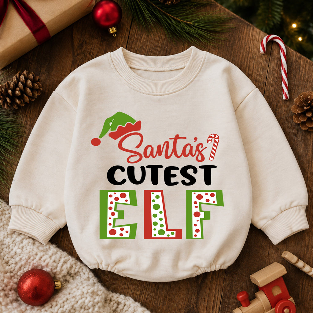 Santa's Cutest Elf Baby Romper, Elf Christmas Romper, Toddler 1st Birthday Holiday Outfit, Santa Helper Xmas Gift for Boys and Girls — product view 6