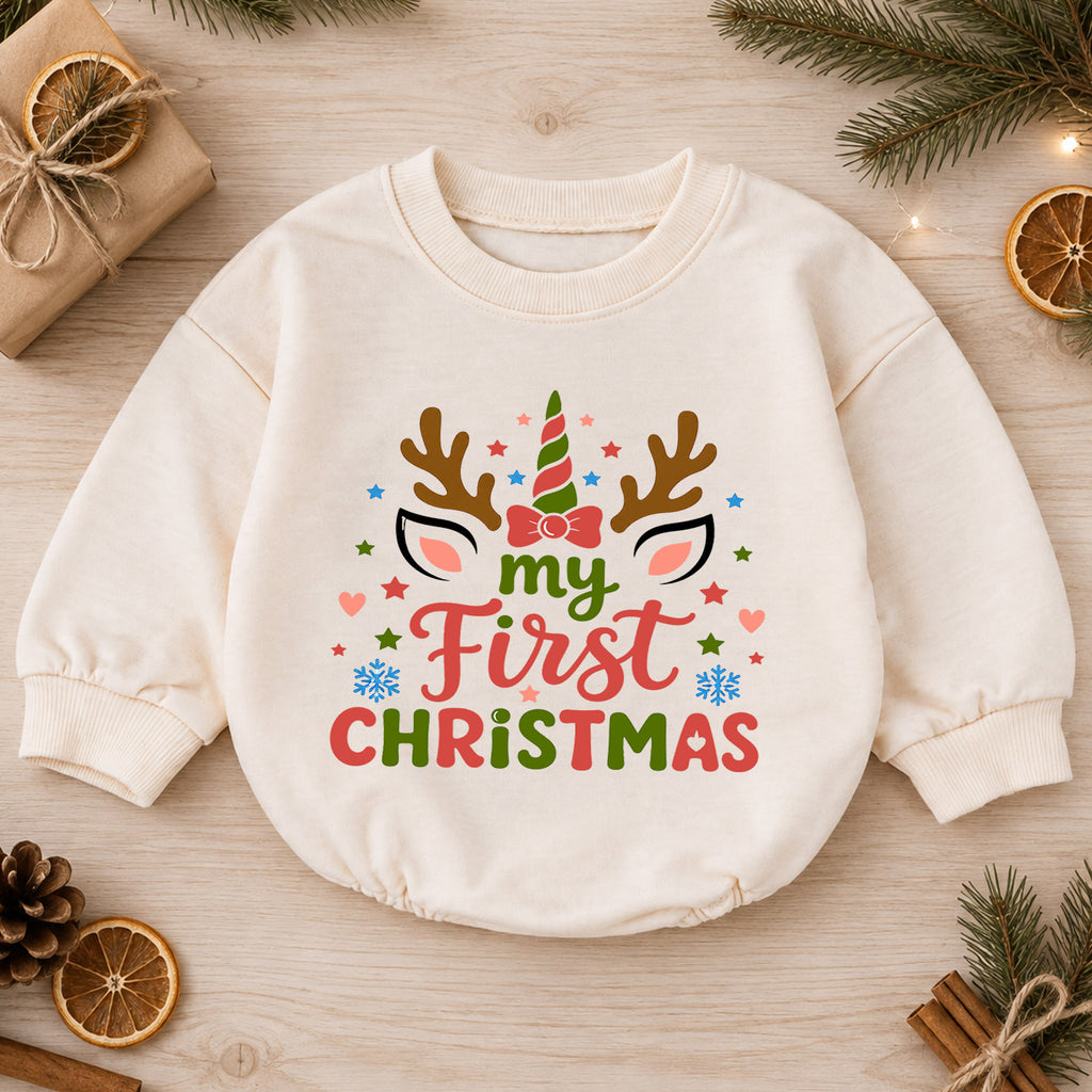 My First Christmas Unicorn Reindeer Baby Romper, Baby Girl Holiday Outfit, Toddler Xmas Clothes, 1st Christmas Gift — product view 1