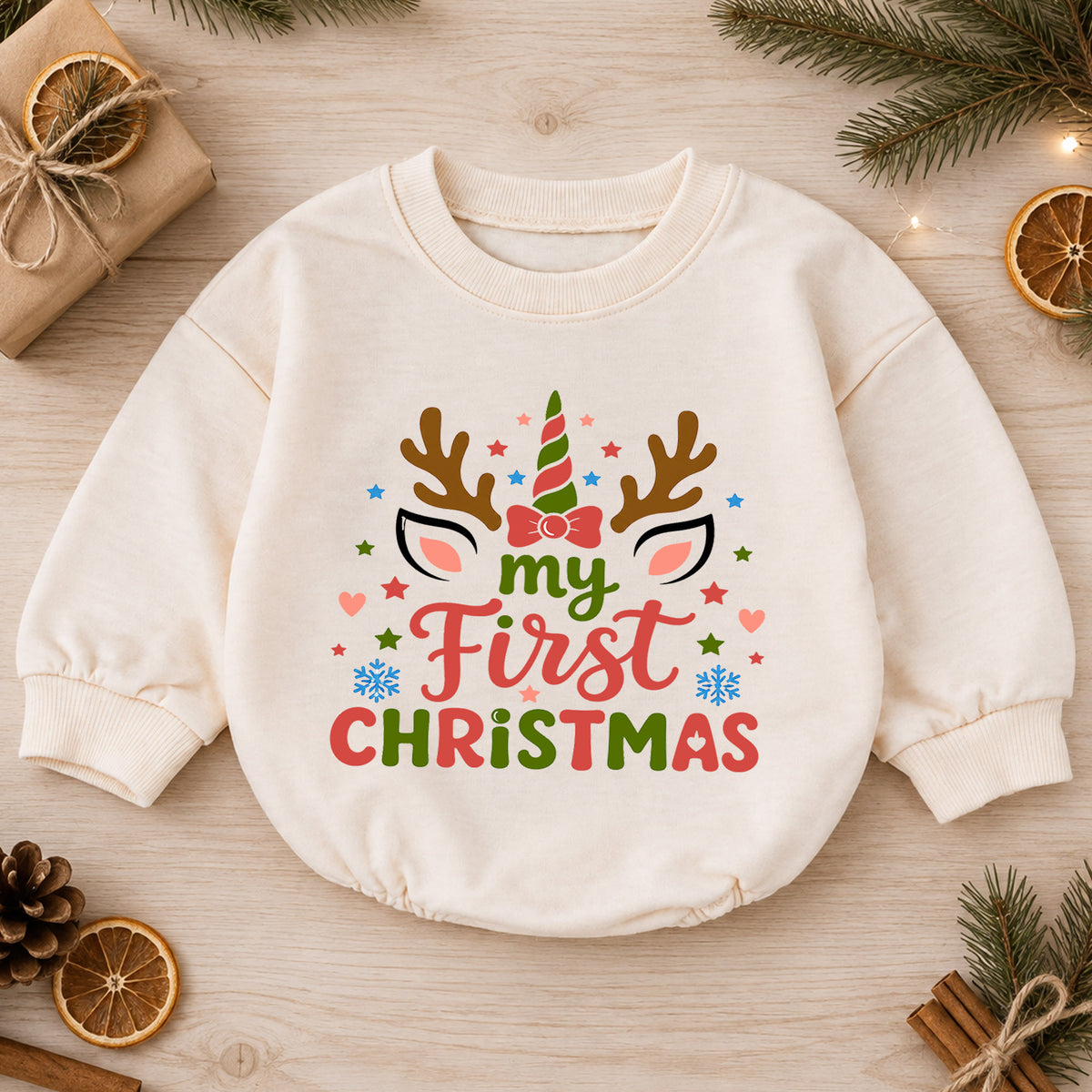 My First Christmas Unicorn Reindeer Baby Romper, Baby Girl Holiday Outfit, Toddler Xmas Clothes, 1st Christmas Gift — product view 1