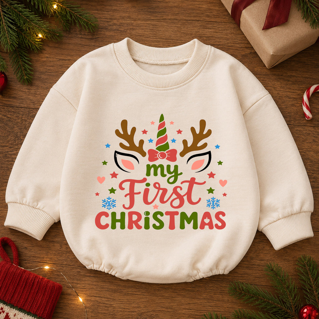My First Christmas Unicorn Reindeer Baby Romper, Baby Girl Holiday Outfit, Toddler Xmas Clothes, 1st Christmas Gift — product view 2