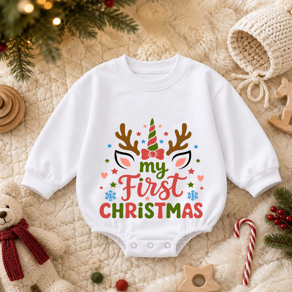 My First Christmas Unicorn Reindeer Baby Romper, Baby Girl Holiday Outfit, Toddler Xmas Clothes, 1st Christmas Gift — product view 3