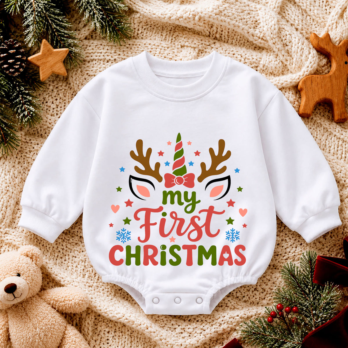 My First Christmas Unicorn Reindeer Baby Romper, Baby Girl Holiday Outfit, Toddler Xmas Clothes, 1st Christmas Gift — product view 4
