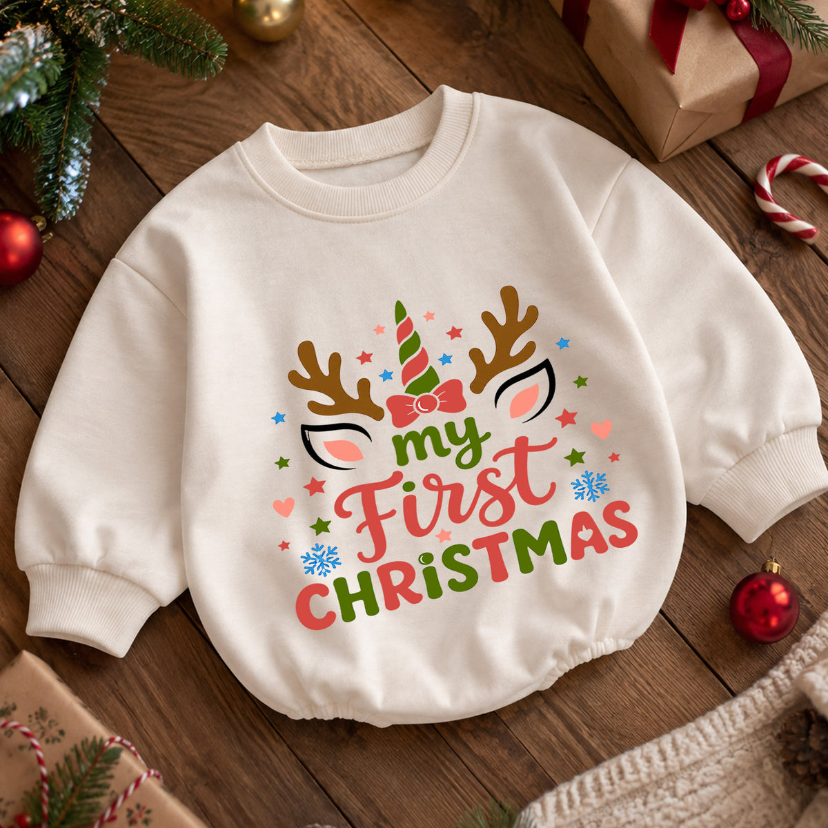 My First Christmas Unicorn Reindeer Baby Romper, Baby Girl Holiday Outfit, Toddler Xmas Clothes, 1st Christmas Gift — product view 5