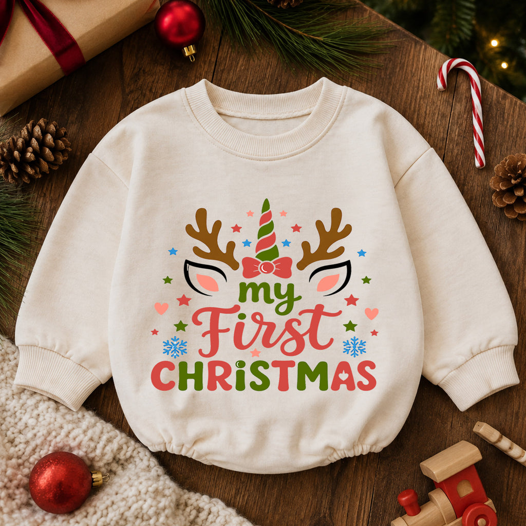 My First Christmas Unicorn Reindeer Baby Romper, Baby Girl Holiday Outfit, Toddler Xmas Clothes, 1st Christmas Gift — product view 6