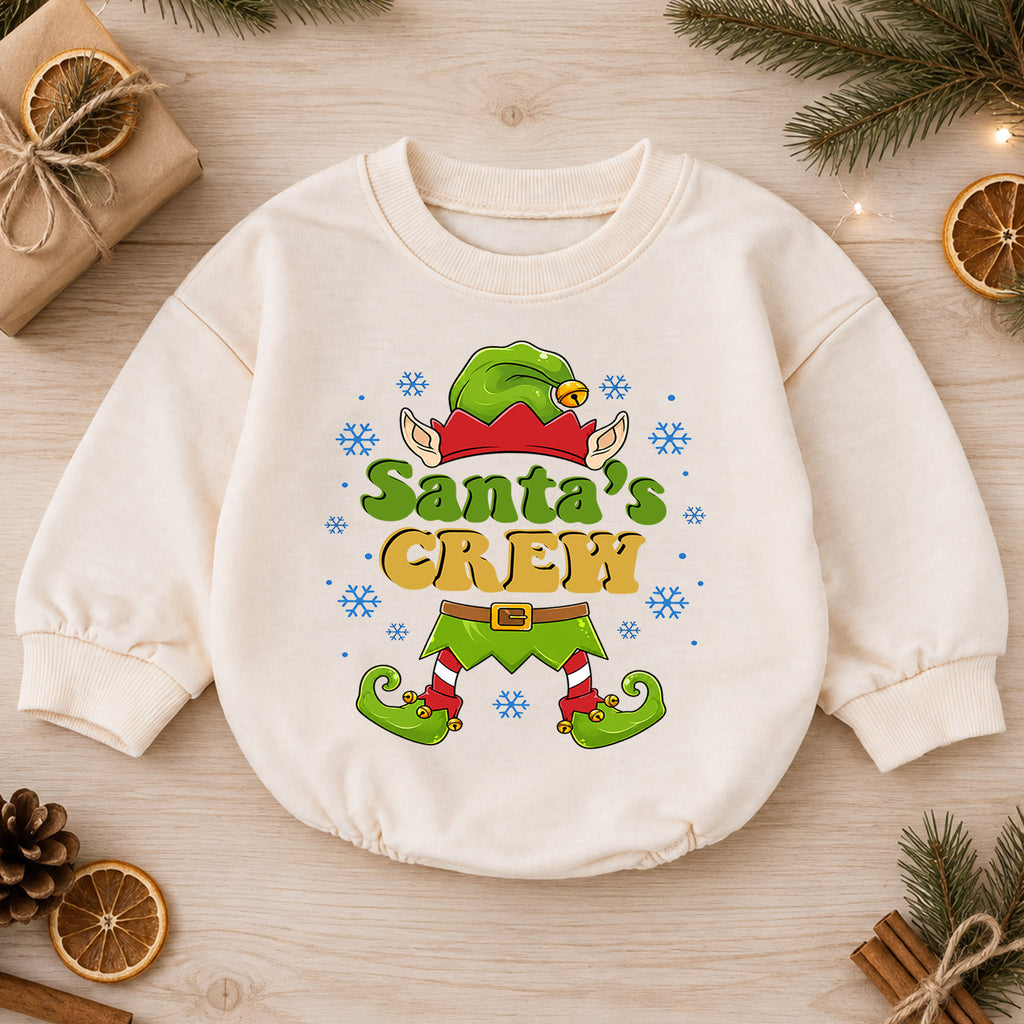 Santa's Crew Baby Romper, Cute Christmas Elf Outfit, Funny Holiday Romper, Toddler Xmas Gift, Baby 1st Christmas Keepsake — product view 1