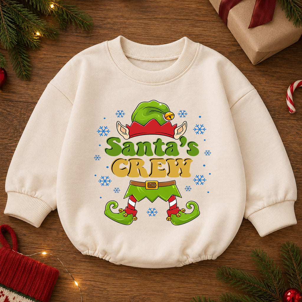 Santa's Crew Baby Romper, Cute Christmas Elf Outfit, Funny Holiday Romper, Toddler Xmas Gift, Baby 1st Christmas Keepsake — product view 2