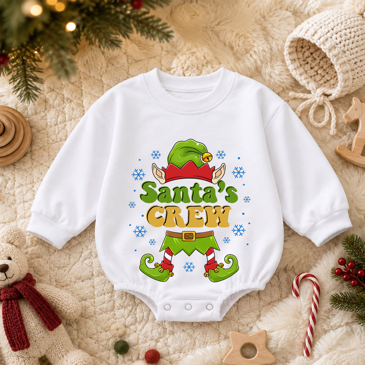Santa's Crew Baby Romper, Cute Christmas Elf Outfit, Funny Holiday Romper, Toddler Xmas Gift, Baby 1st Christmas Keepsake — product view 3