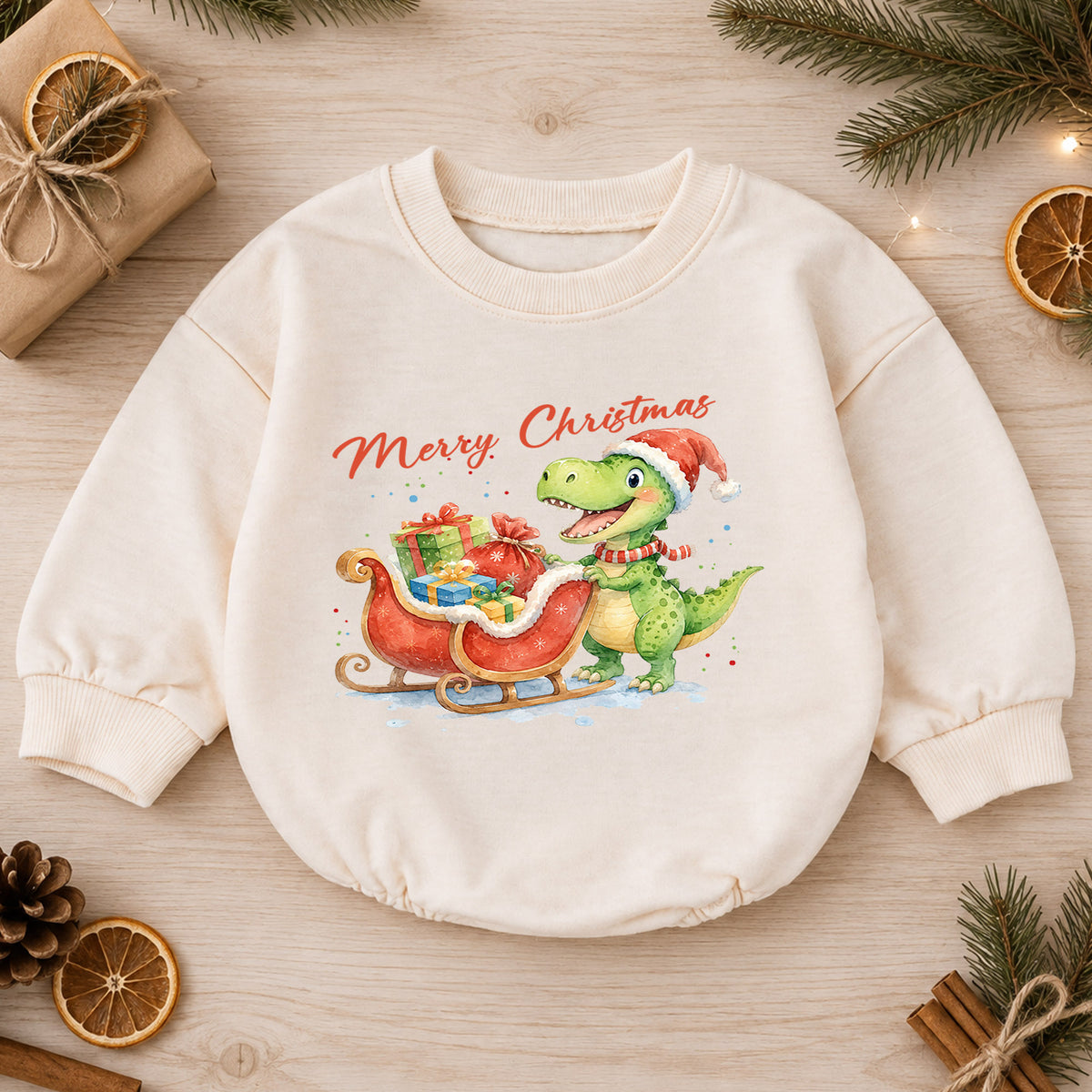 Merry Christmas Dinosaur Baby Romper, Cute Santa Dino Sleigh Outfit, Holiday Romper, Toddler Xmas Gift, Baby 1st Christmas — product view 1