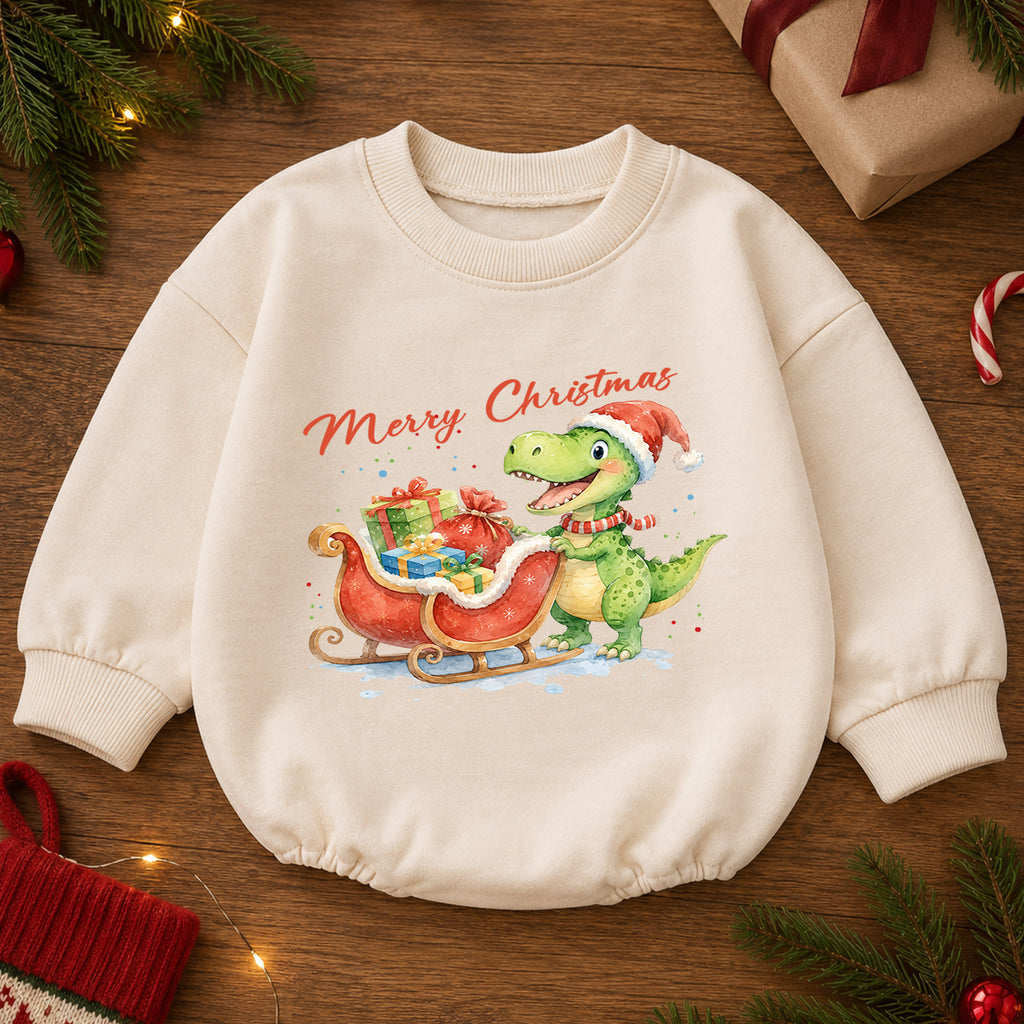 Merry Christmas Dinosaur Baby Romper, Cute Santa Dino Sleigh Outfit, Holiday Romper, Toddler Xmas Gift, Baby 1st Christmas — product view 2