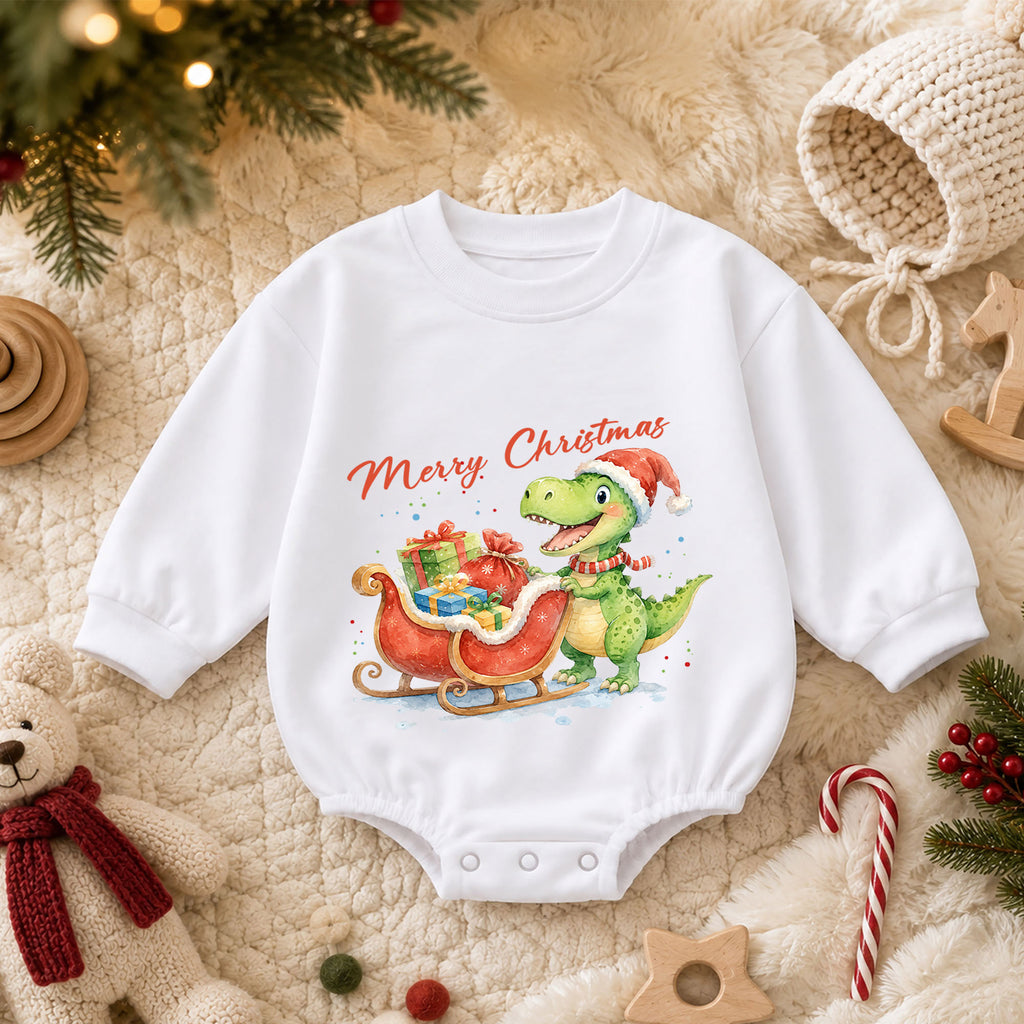 Merry Christmas Dinosaur Baby Romper, Cute Santa Dino Sleigh Outfit, Holiday Romper, Toddler Xmas Gift, Baby 1st Christmas — product view 3