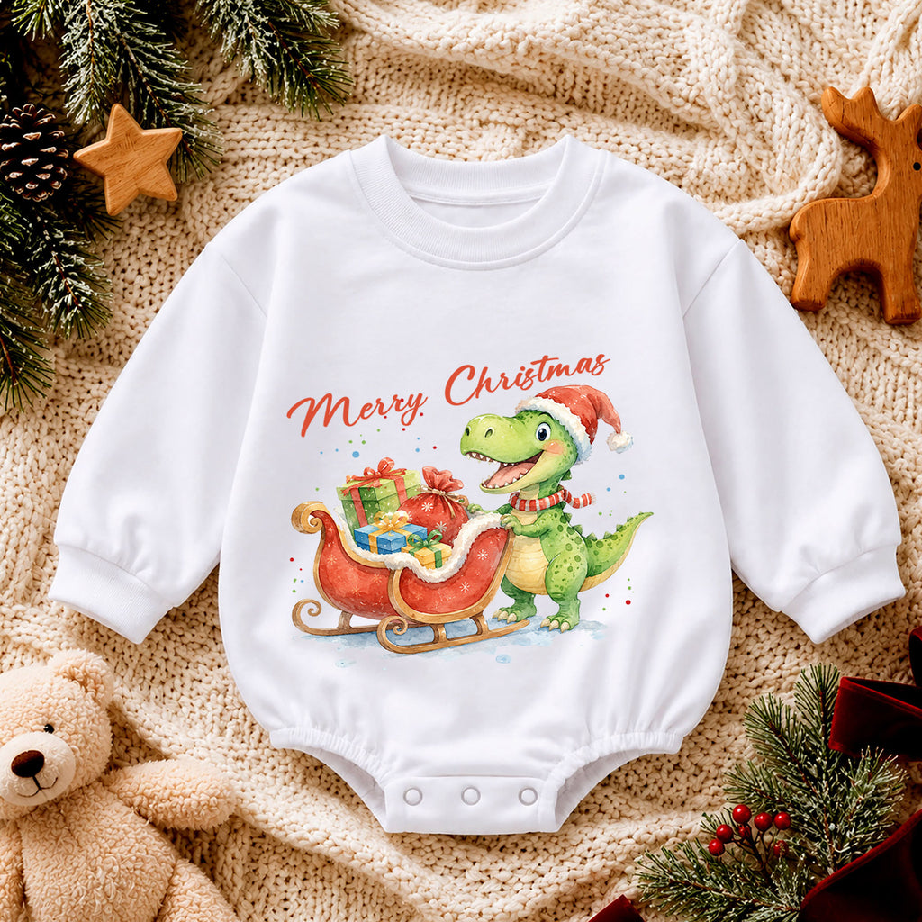 Merry Christmas Dinosaur Baby Romper, Cute Santa Dino Sleigh Outfit, Holiday Romper, Toddler Xmas Gift, Baby 1st Christmas — product view 4