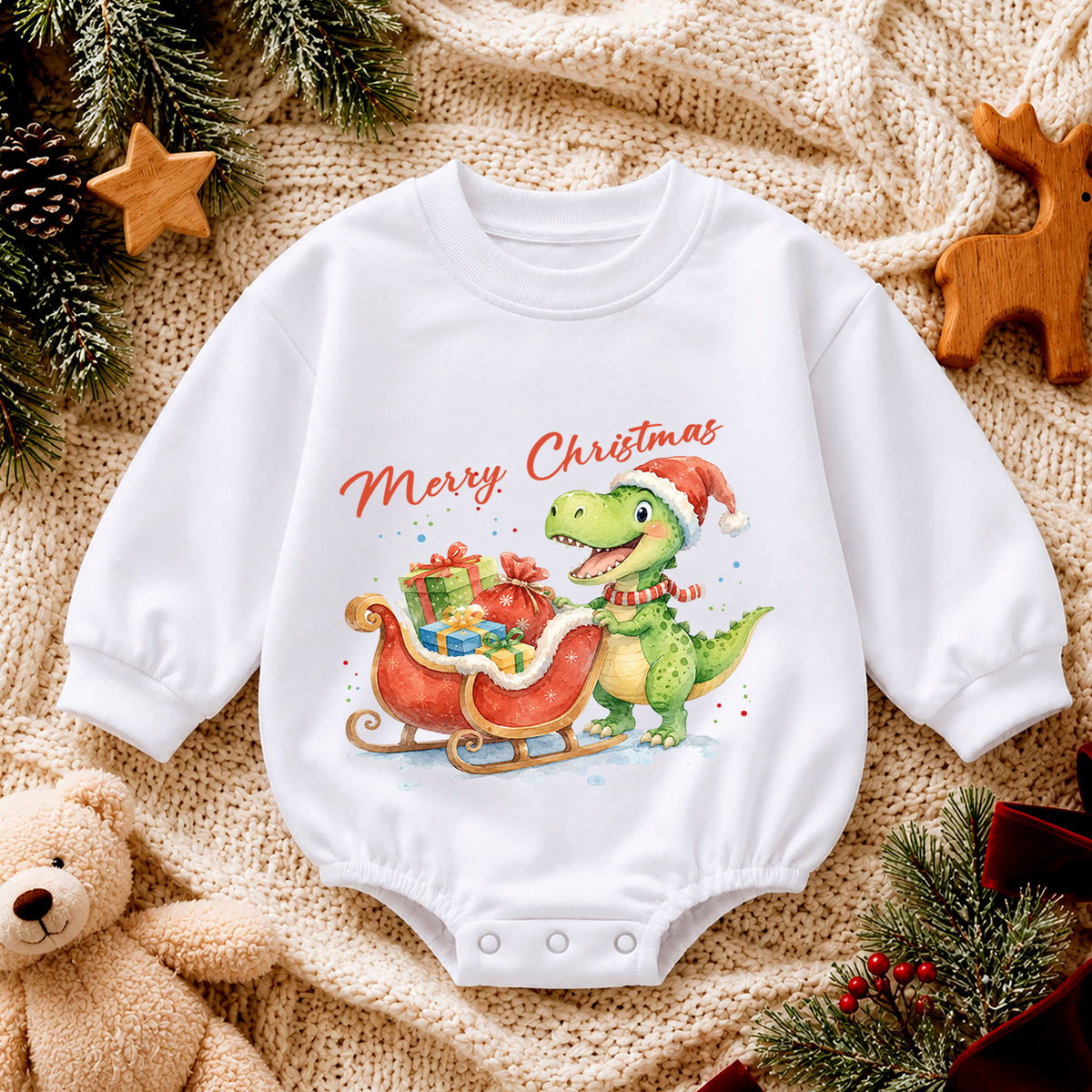 Merry Christmas Dinosaur Baby Romper, Cute Santa Dino Sleigh Outfit, Holiday Romper, Toddler Xmas Gift, Baby 1st Christmas — product view 4