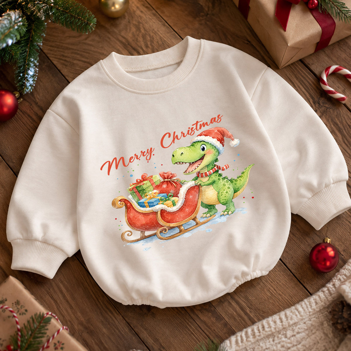 Merry Christmas Dinosaur Baby Romper, Cute Santa Dino Sleigh Outfit, Holiday Romper, Toddler Xmas Gift, Baby 1st Christmas — product view 5