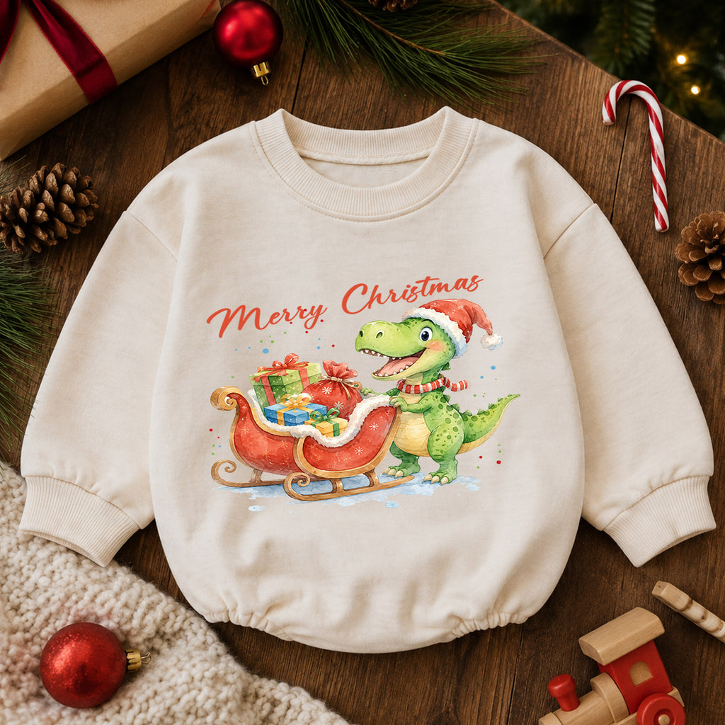 Merry Christmas Dinosaur Baby Romper, Cute Santa Dino Sleigh Outfit, Holiday Romper, Toddler Xmas Gift, Baby 1st Christmas — product view 6