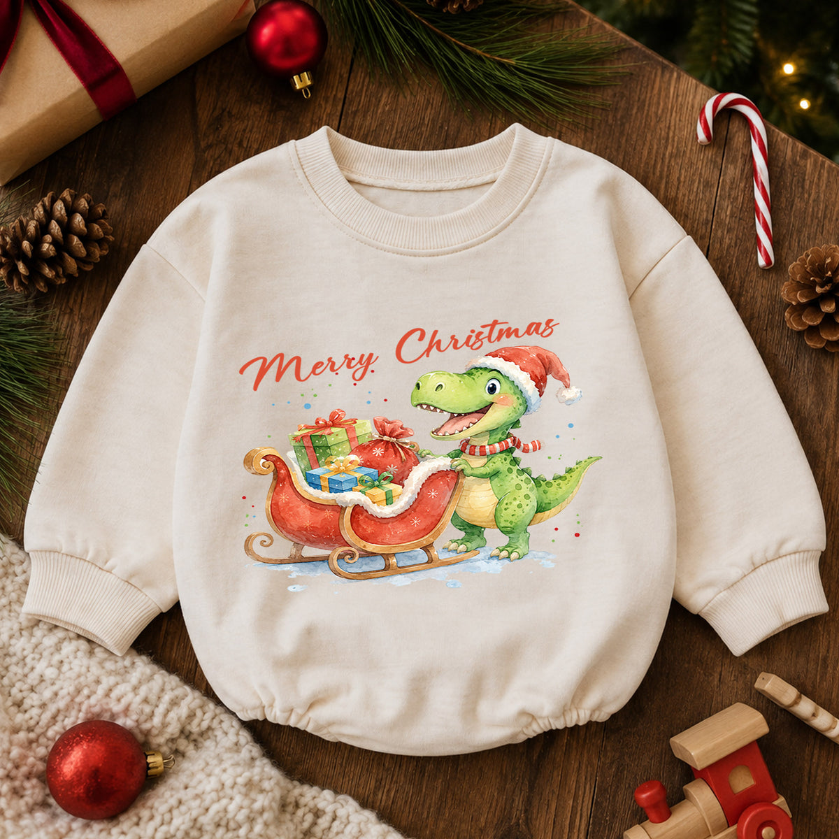 Merry Christmas Dinosaur Baby Romper, Cute Santa Dino Sleigh Outfit, Holiday Romper, Toddler Xmas Gift, Baby 1st Christmas — product view 6