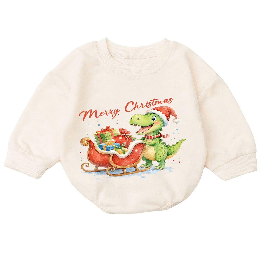 Merry Christmas Dinosaur Baby Romper, Cute Santa Dino Sleigh Outfit, Holiday Romper, Toddler Xmas Gift, Baby 1st Christmas — product view 7