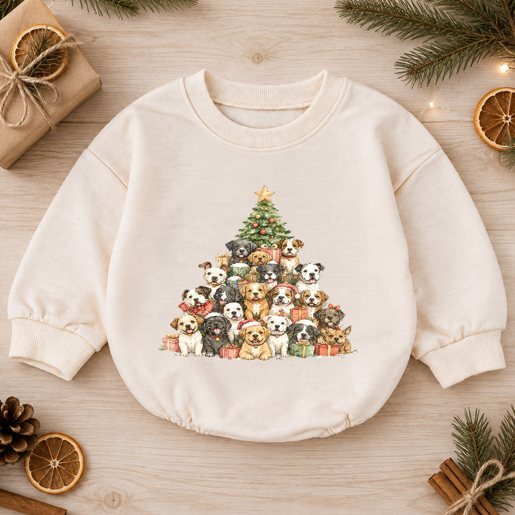 Christmas Dogs Baby Romper, Watercolor Puppy Christmas Tree Romper, Dog Lover 1st Birthday Holiday Outfit, Cute Xmas Gift for Baby — product view 1
