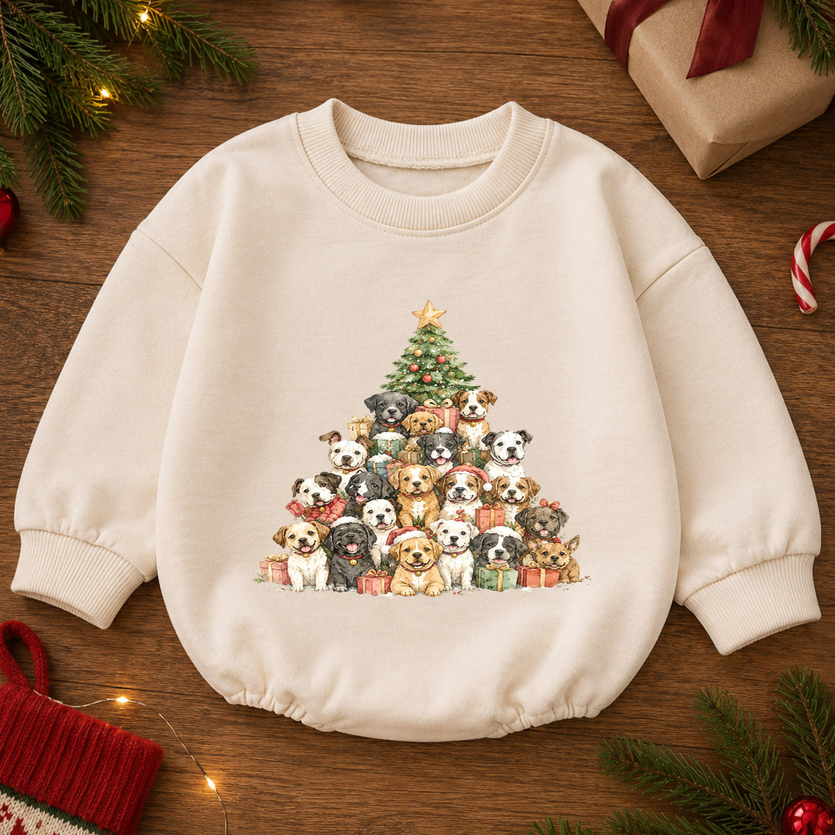 Christmas Dogs Baby Romper, Watercolor Puppy Christmas Tree Romper, Dog Lover 1st Birthday Holiday Outfit, Cute Xmas Gift for Baby — product view 2