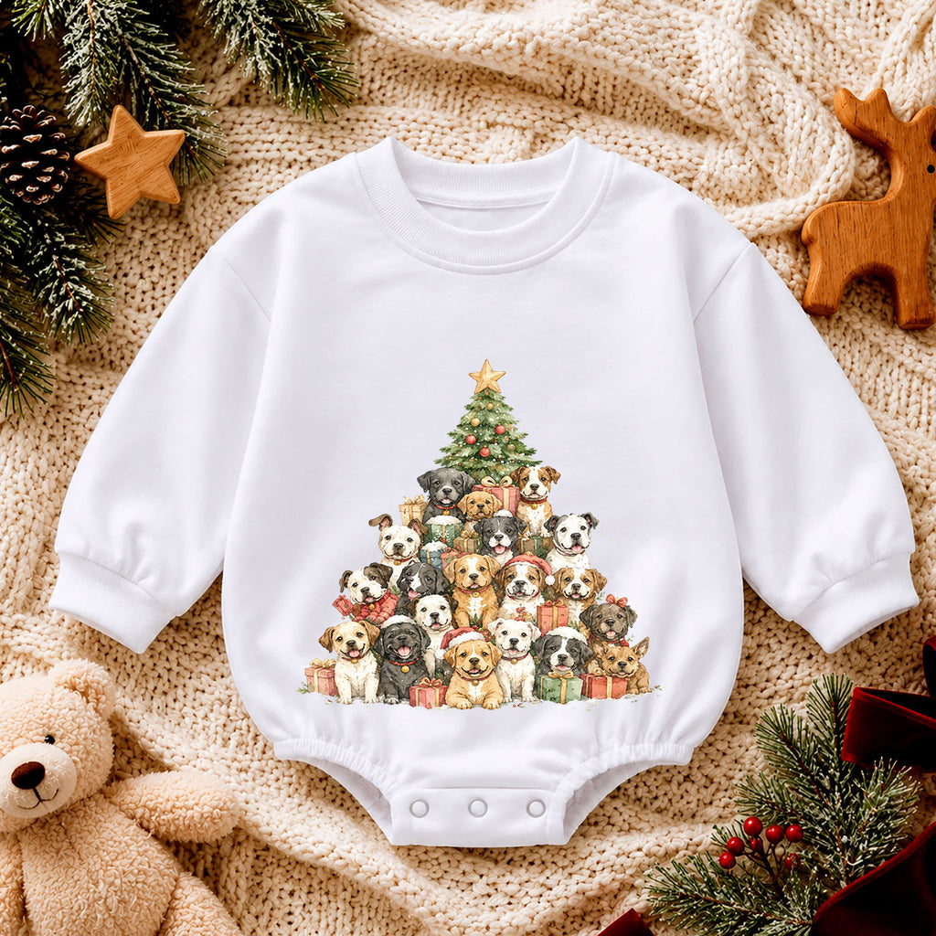 Christmas Dogs Baby Romper, Watercolor Puppy Christmas Tree Romper, Dog Lover 1st Birthday Holiday Outfit, Cute Xmas Gift for Baby — product view 4