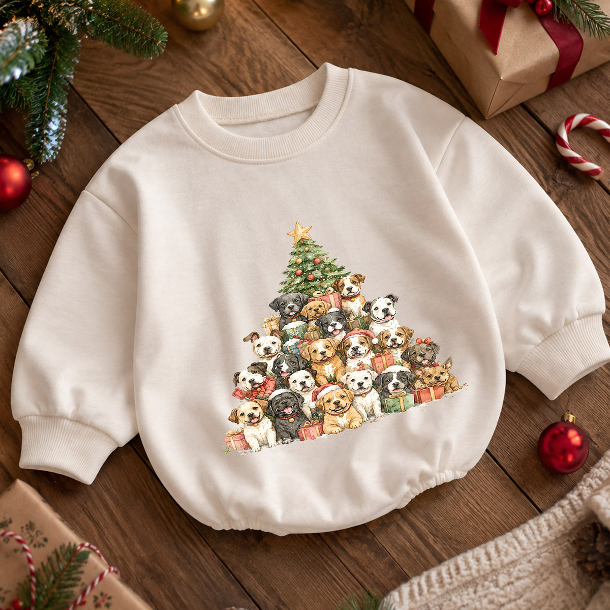 Christmas Dogs Baby Romper, Watercolor Puppy Christmas Tree Romper, Dog Lover 1st Birthday Holiday Outfit, Cute Xmas Gift for Baby — product view 5