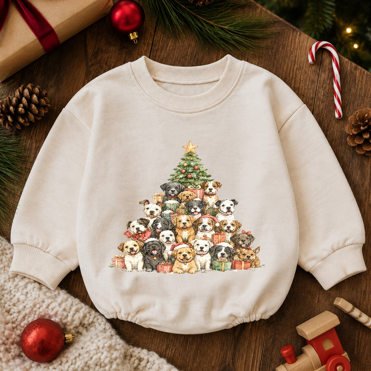 Christmas Dogs Baby Romper, Watercolor Puppy Christmas Tree Romper, Dog Lover 1st Birthday Holiday Outfit, Cute Xmas Gift for Baby — product view 6