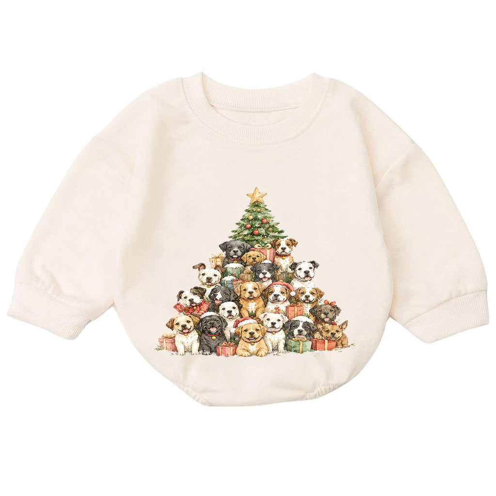 Christmas Dogs Baby Romper, Watercolor Puppy Christmas Tree Romper, Dog Lover 1st Birthday Holiday Outfit, Cute Xmas Gift for Baby — product view 7