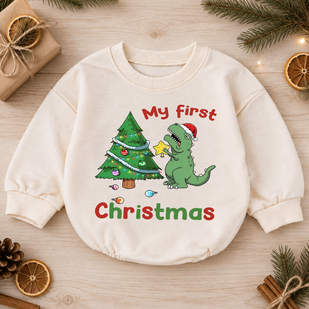 Baby 1st Christmas Romper, Cute Dinosaur Tree Holiday Outfit, Christmas Romper, Toddler Xmas Gift, Sweet 1st Birthday — product view 1