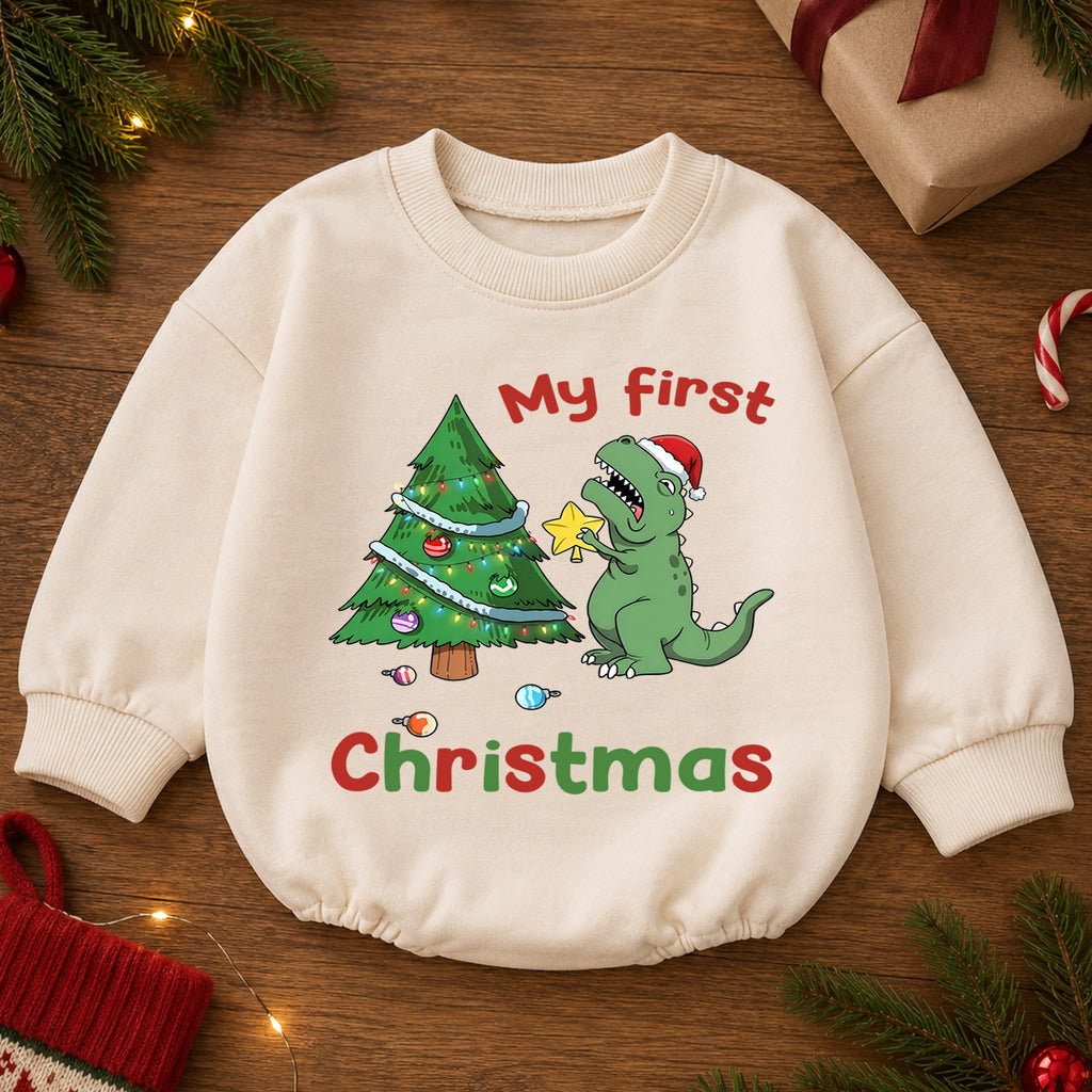 Baby 1st Christmas Romper, Cute Dinosaur Tree Holiday Outfit, Christmas Romper, Toddler Xmas Gift, Sweet 1st Birthday — product view 2