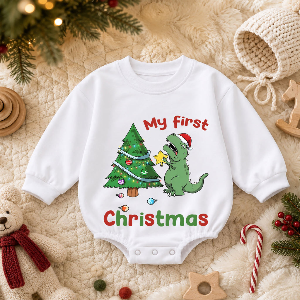 Baby 1st Christmas Romper, Cute Dinosaur Tree Holiday Outfit, Christmas Romper, Toddler Xmas Gift, Sweet 1st Birthday — product view 3