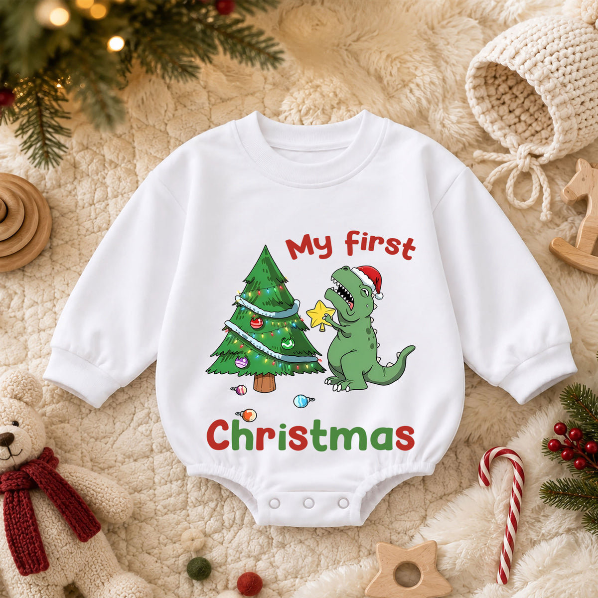 Baby 1st Christmas Romper, Cute Dinosaur Tree Holiday Outfit, Christmas Romper, Toddler Xmas Gift, Sweet 1st Birthday — product view 3