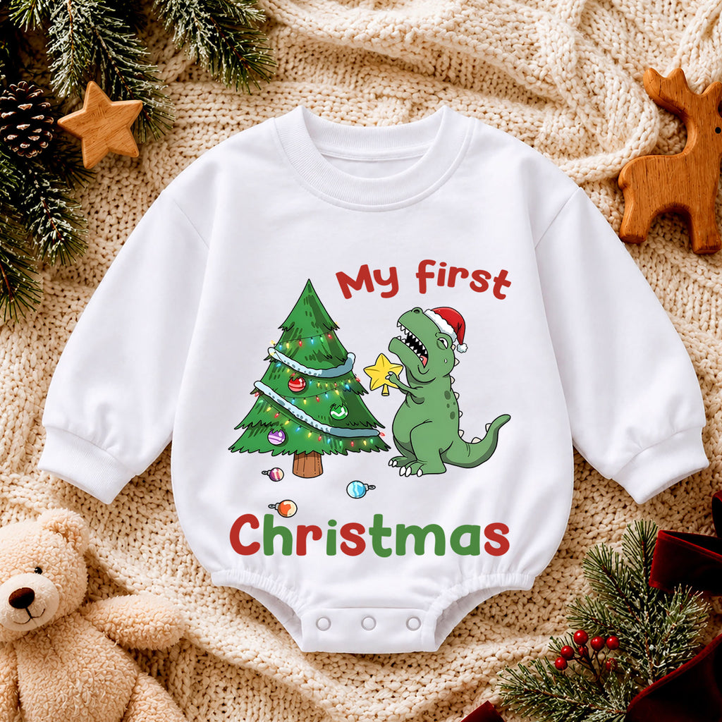 Baby 1st Christmas Romper, Cute Dinosaur Tree Holiday Outfit, Christmas Romper, Toddler Xmas Gift, Sweet 1st Birthday — product view 4