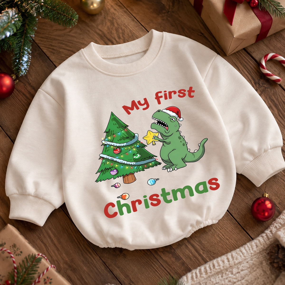 Baby 1st Christmas Romper, Cute Dinosaur Tree Holiday Outfit, Christmas Romper, Toddler Xmas Gift, Sweet 1st Birthday — product view 5