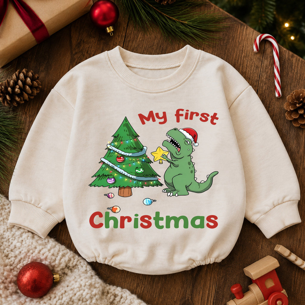 Baby 1st Christmas Romper, Cute Dinosaur Tree Holiday Outfit, Christmas Romper, Toddler Xmas Gift, Sweet 1st Birthday — product view 6