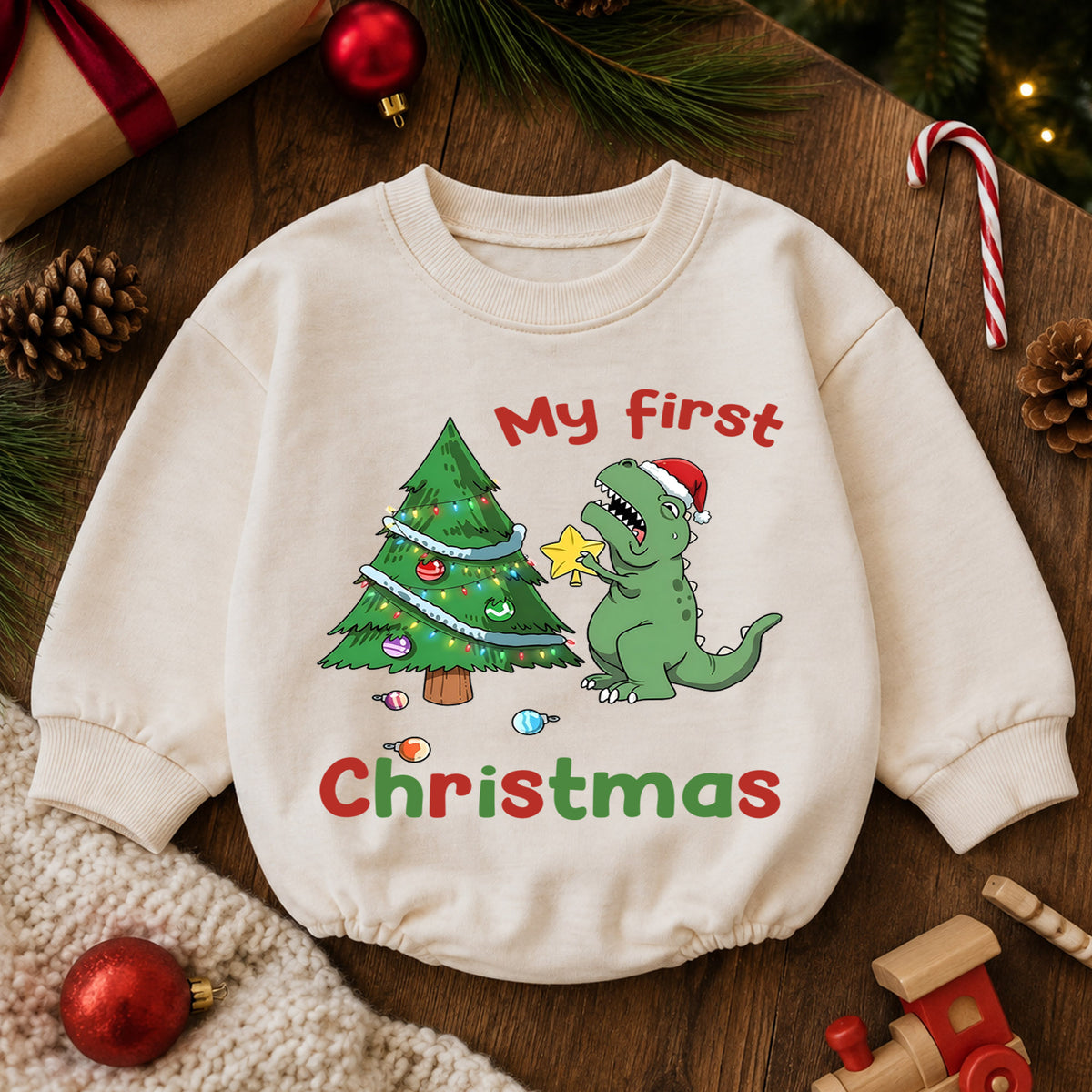 Baby 1st Christmas Romper, Cute Dinosaur Tree Holiday Outfit, Christmas Romper, Toddler Xmas Gift, Sweet 1st Birthday — product view 6