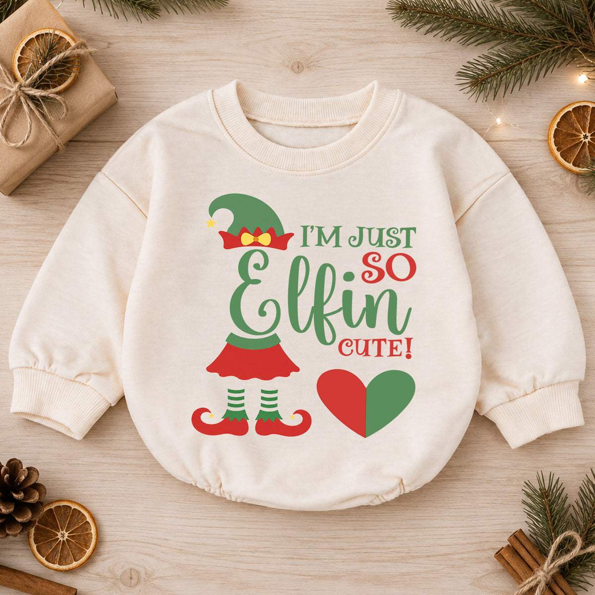 I'm Just So Elfin Cute Baby Christmas Romper, Elf Holiday Outfit, Toddler Xmas Clothes, Funny Christmas Baby Gift — product view 1