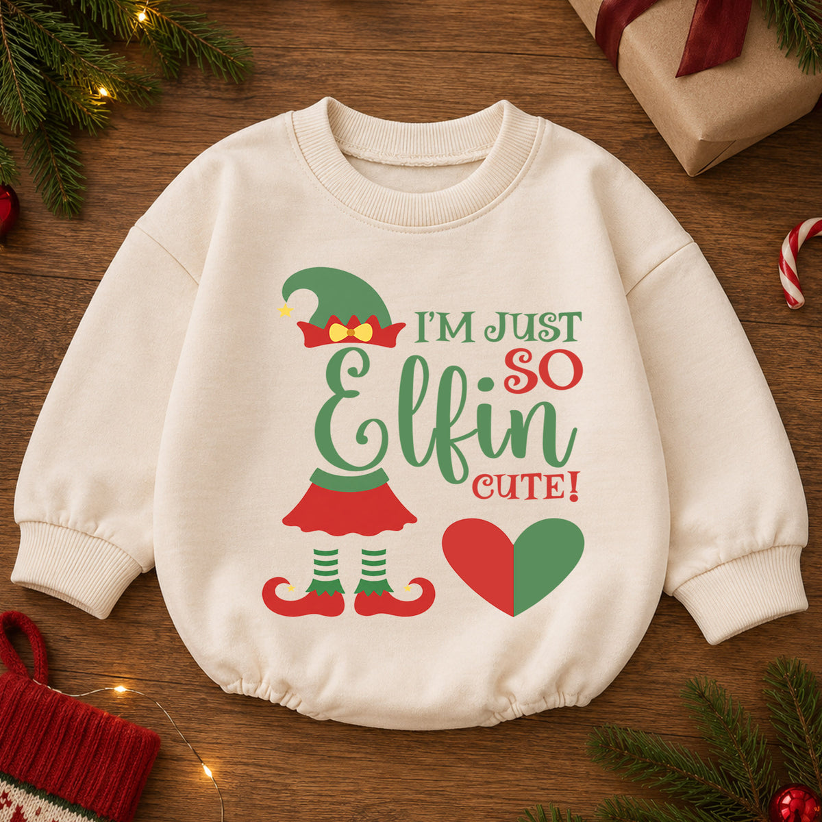 I'm Just So Elfin Cute Baby Christmas Romper, Elf Holiday Outfit, Toddler Xmas Clothes, Funny Christmas Baby Gift — product view 2
