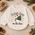 Festive Goose on the Loose Baby Romper, Funny Christmas Goose Outfit, 1st Birthday Holiday Gift, Baby 1st Christmas Keepsake — product view 1