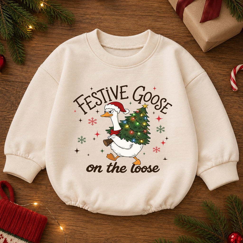 Festive Goose on the Loose Baby Romper, Funny Christmas Goose Outfit, 1st Birthday Holiday Gift, Baby 1st Christmas Keepsake — product view 2