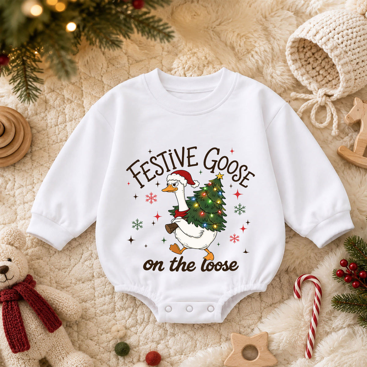 Festive Goose on the Loose Baby Romper, Funny Christmas Goose Outfit, 1st Birthday Holiday Gift, Baby 1st Christmas Keepsake — product view 3