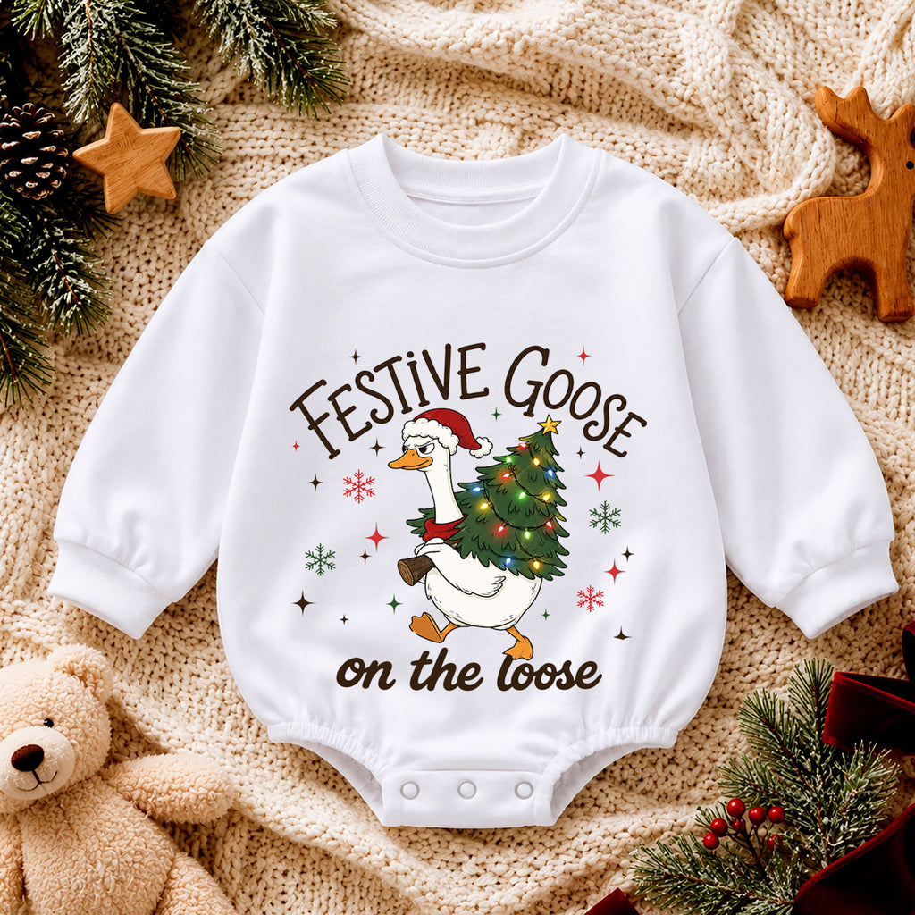Festive Goose on the Loose Baby Romper, Funny Christmas Goose Outfit, 1st Birthday Holiday Gift, Baby 1st Christmas Keepsake — product view 4