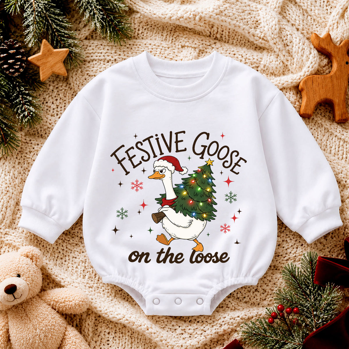 Festive Goose on the Loose Baby Romper, Funny Christmas Goose Outfit, 1st Birthday Holiday Gift, Baby 1st Christmas Keepsake — product view 4