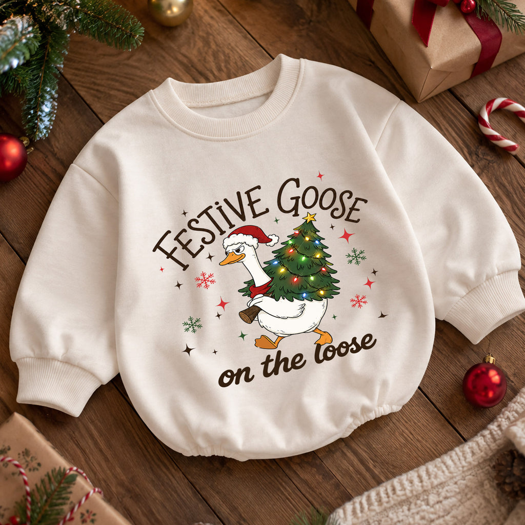 Festive Goose on the Loose Baby Romper, Funny Christmas Goose Outfit, 1st Birthday Holiday Gift, Baby 1st Christmas Keepsake — product view 5