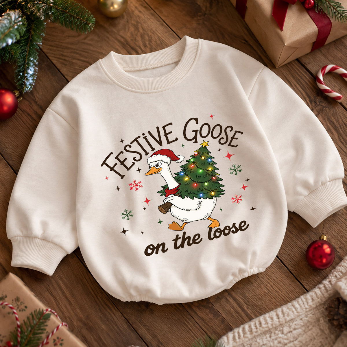 Festive Goose on the Loose Baby Romper, Funny Christmas Goose Outfit, 1st Birthday Holiday Gift, Baby 1st Christmas Keepsake — product view 5