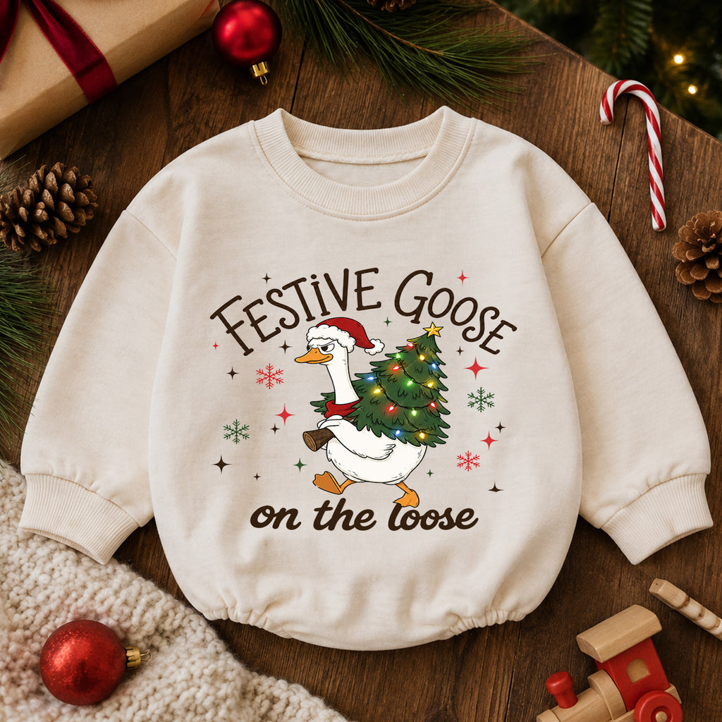 Festive Goose on the Loose Baby Romper, Funny Christmas Goose Outfit, 1st Birthday Holiday Gift, Baby 1st Christmas Keepsake — product view 6