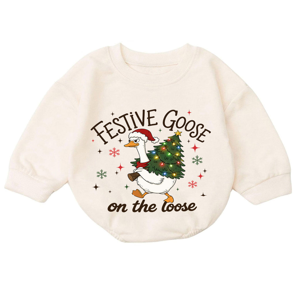 Festive Goose on the Loose Baby Romper, Funny Christmas Goose Outfit, 1st Birthday Holiday Gift, Baby 1st Christmas Keepsake — product view 7
