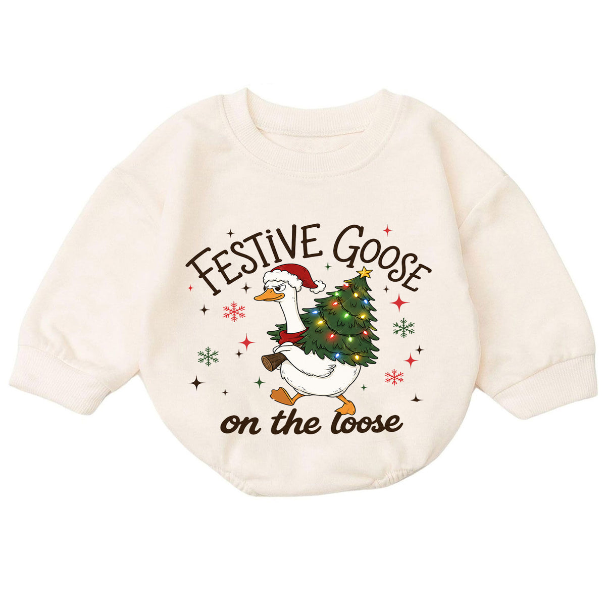 Festive Goose on the Loose Baby Romper, Funny Christmas Goose Outfit, 1st Birthday Holiday Gift, Baby 1st Christmas Keepsake — product view 7