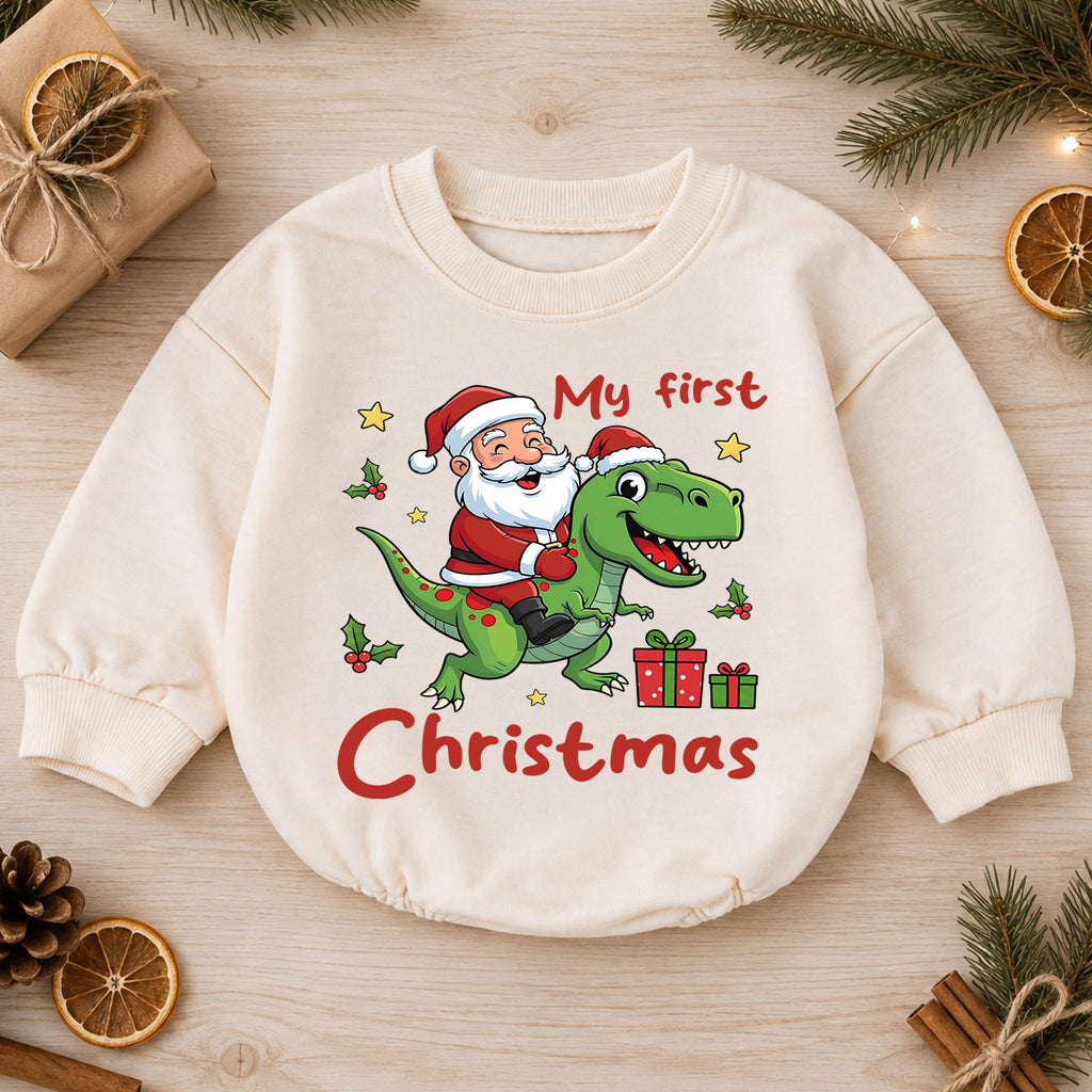 My First Christmas Dinosaur Baby Romper, Santa T Rex Holiday Outfit, Cute Toddler Xmas Romper, Sweet Baby 1st Birthday Gift — product view 1