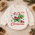 My First Christmas Dinosaur Baby Romper, Santa T Rex Holiday Outfit, Cute Toddler Xmas Romper, Sweet Baby 1st Birthday Gift — product view 1