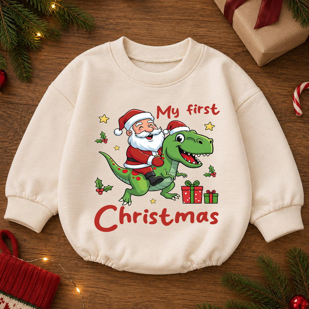My First Christmas Dinosaur Baby Romper, Santa T Rex Holiday Outfit, Cute Toddler Xmas Romper, Sweet Baby 1st Birthday Gift — product view 2